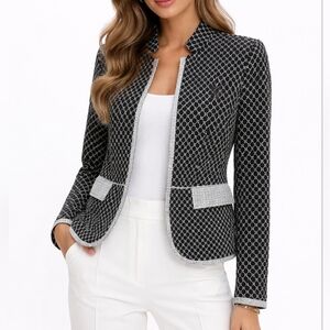 Sara Isabella Link Pattern With Linen Contrast Trim Blazer Black White XL
